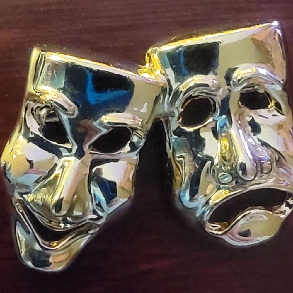 Vintage Comedy and Tragedy Theater Mask Brooch features a gold
